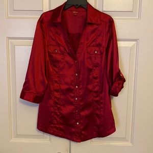 Guess red silk tailored blouse with quarter length roll up sleeves